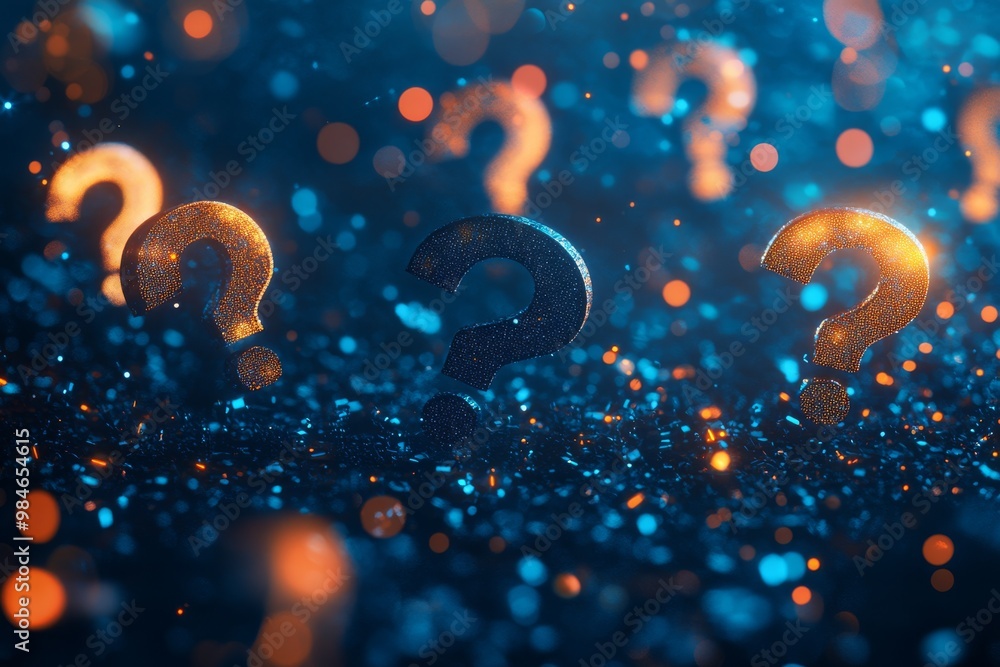 Poster an abstract representation embodying thought and inquiry, with glowing question marks on a colorful 