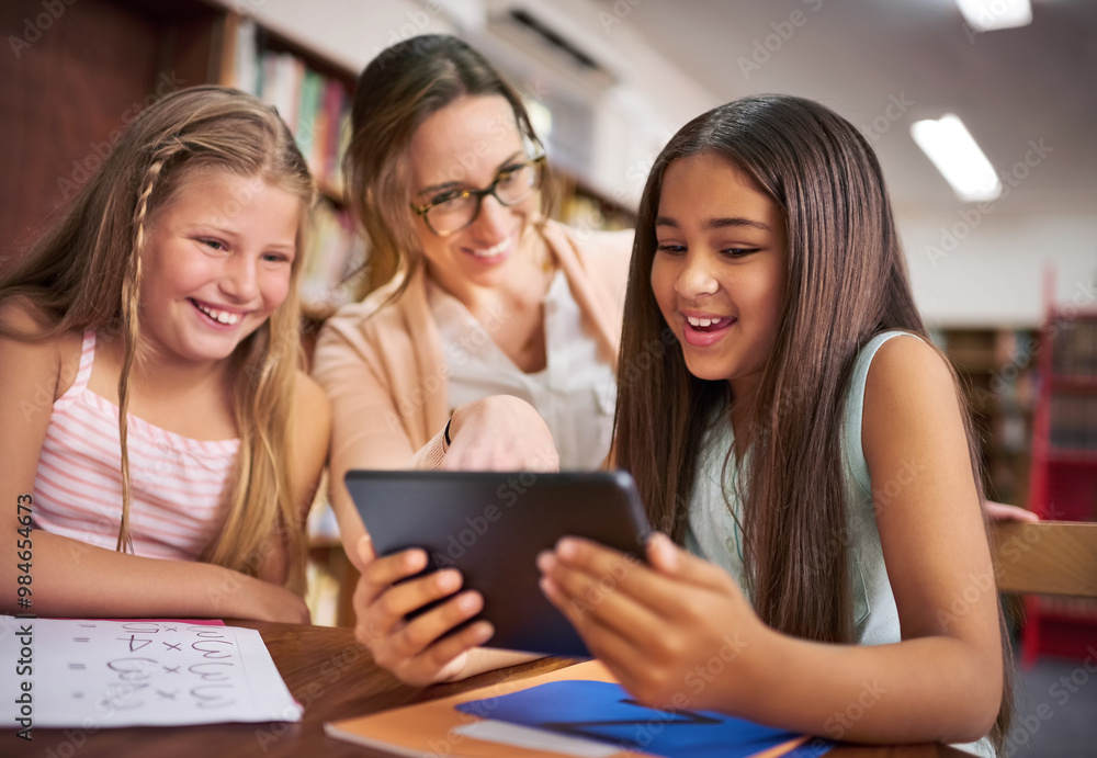 Fototapete teacher, children and online with tablet for education, elearning and math game for numbers solving 