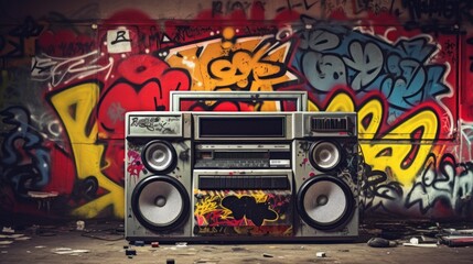 Old retro Boombox ghettoblaster with abstract colorful graffiti wall background. Neural network ai generated art