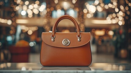 A stylish brown handbag displayed elegantly in a bright, festive environment.