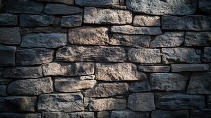 Fototapeta premium A textured stone wall with various shapes and shadows, creating a rustic appearance.