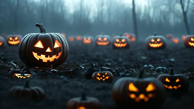 A Halloween pumpkin patch with various jack-o'-lanterns glowing brightly in the dark. Copy space above