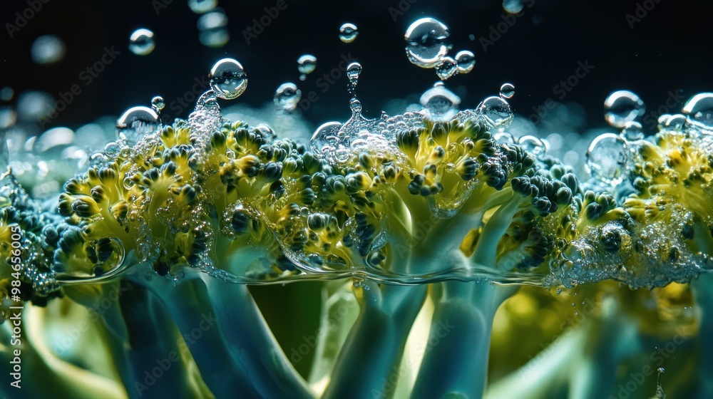 Poster close-up of broccoli submerged in water with bubbles, showcasing textures and colors.
