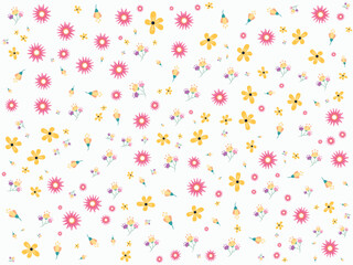 Cute floral background vector, white daisy flower print, wallpaper with random doodles, seamless repeat pattern.