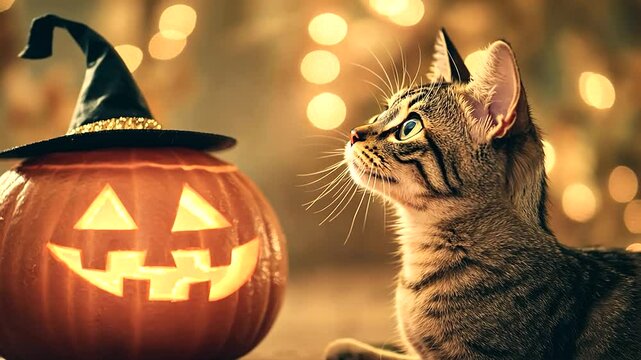 A mischievous tabby cat with a tiny witch hat playfully bats at a glowing jack-o-lantern, with shimmering gold