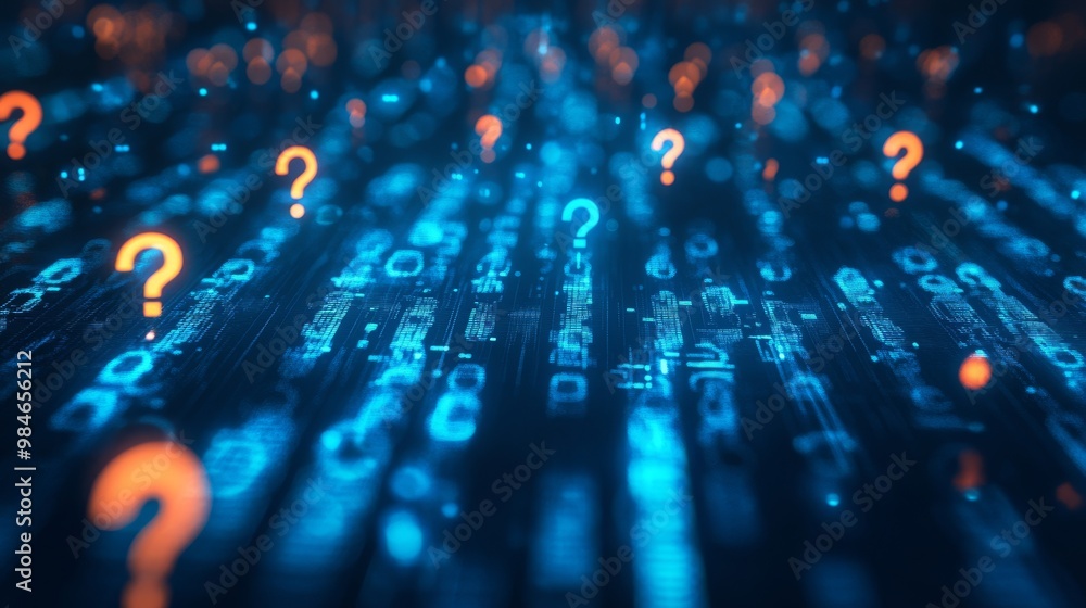 Poster this image explores the intersection of technology and human inquiry, featuring glowing question mar