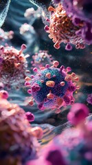 A vibrant sale of colorful virus cells in close-up view, highly detailed, 