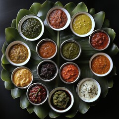 Indian food served on banana leaves, top view of dishes like chutney and sambal, black background