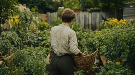Fototapeta premium Gardener Harvesting Vegetables in Lush Backyard Garden