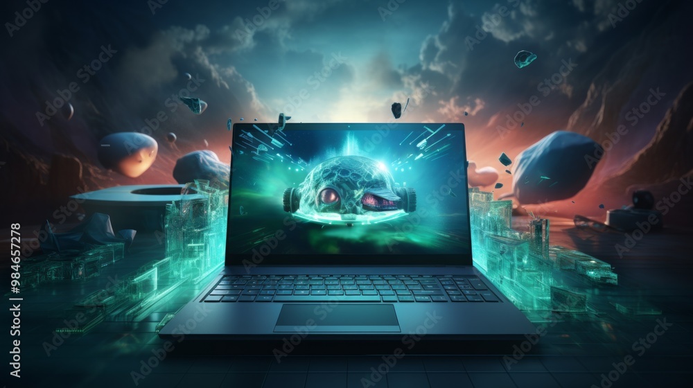 Poster modern laptop with cyber security safety locker on display. neural network ai generated art