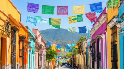 Fototapeta premium Colorful Mexican street with vibrant flags and banners, cultural festival in Oaxaca, professional shot