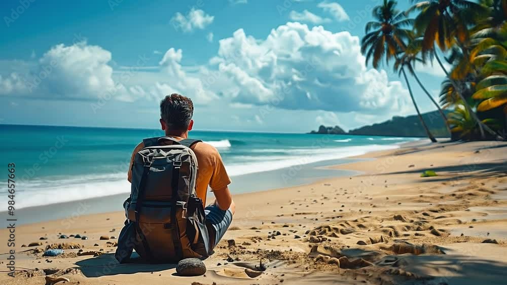 Poster A young traveler enjoys solitude on a sandy beach, gazing at the ocean waves while surrounded by tall palm trees under a vibrant blue sky and fluffy clouds.