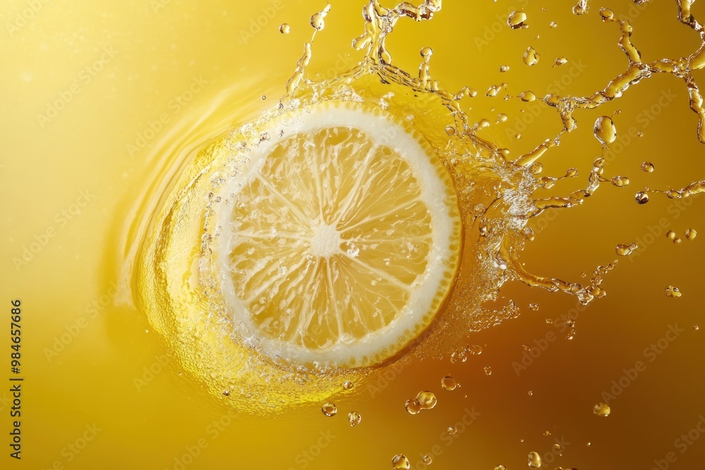 Poster a lemon slice splashes into a vibrant yellow liquid, creating a refreshing visual effect.