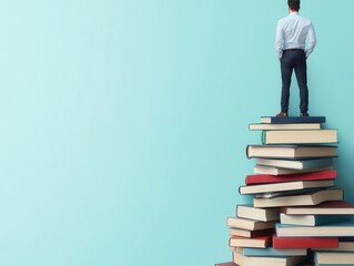 Man standing on a mountain of books, symbolizing knowledge and success