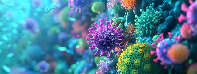 Obraz premium A vibrant sale of colorful virus cells in close-up view, highly detailed,&nbsp;