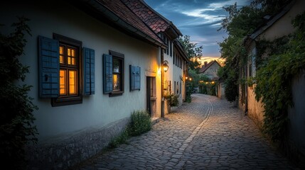 Obraz premium A quaint cobblestone street with illuminated houses and lush greenery at dusk.