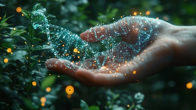 A futuristic hand on plants, with transparent DNA strands, biochemistry symbols, and molecules swirling around