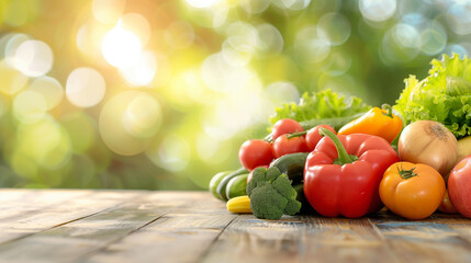 Close-up of colorful fresh fruits and vegetables arranged on a wooden table, representing healthy gut nutrition. Softly blurred background with copy space highlights the vibrant and balanced food comp © ki