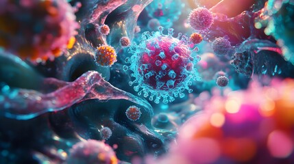 A vibrant sale of colorful virus cells in close-up view, highly detailed, 