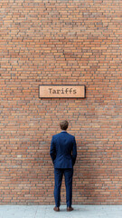 Economist staring at a towering brick wall labeled 'Tariffs', visual representation of trade challenges, clean and modern design.