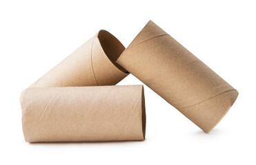 Side view of brown tissue paper cores in stack after tissue paper used isolated on white background with clipping path