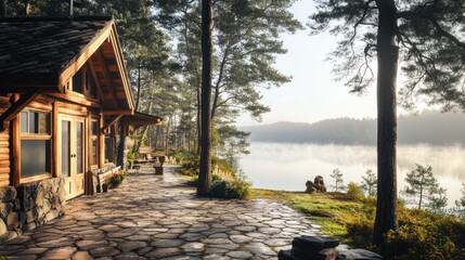 Fototapeta premium Tranquil lakeside cabin surrounded by trees and mist, ideal for relaxation and nature appreciation.