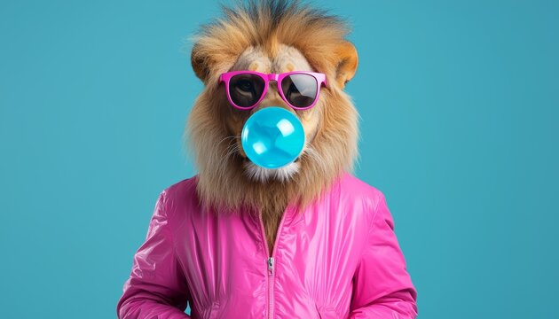 A trendy lion wearing pink sunglasses and a matching jacket, with a blue bubblegum bubble capturing its playful side.