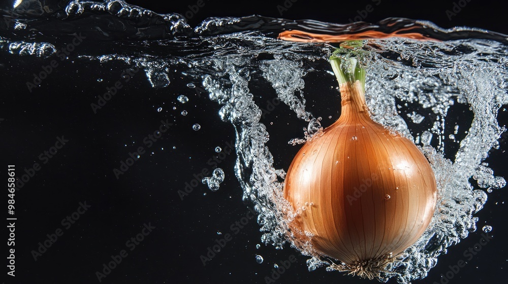 Poster an onion splashes into water, creating dynamic bubbles and ripples.