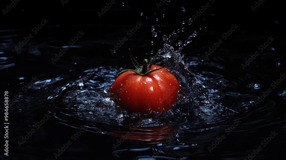 Poster a tomato splashing into dark water, creating dynamic ripples and droplets.