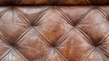 Naklejka premium A worn leather sofa with quilted upholstery, showcasing the richness of its texture over time.