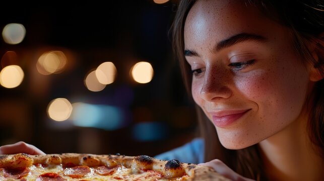 A woman enjoying her favorite pizza in a dimly lit restaurant, with soft lights adding to the ambiance.