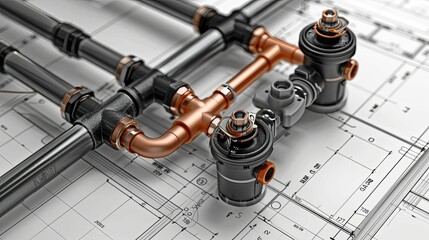 Copper and Black Pipes and Fittings on Architectural Blueprint