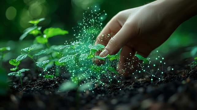 A hand nurturing green plants, with biochemistry visuals like DNA and chromosomes blending into the nursery environment