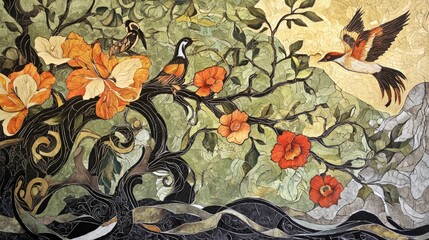 Dynamic Art Nouveau mural featuring flowing vines, birds, and flowers in a harmonious blend of colors. The intricate, organic design captures the elegance and movement of nature, creating a visually c