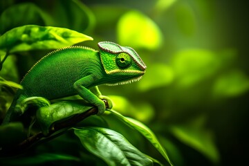 Fototapeta premium A vibrant green chameleon perched on lush leaves, blending beautifully into its natural environment, showcasing its distinctive features and textures.
