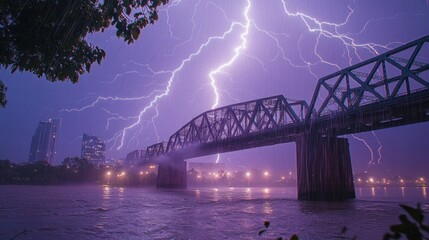 Obraz premium A dramatic lightning storm illuminates a bridge over a river at night.