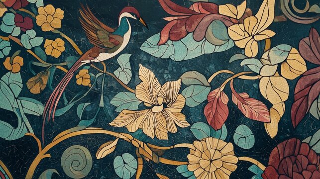 Dynamic Art Nouveau mural featuring flowing vines, birds, and flowers in a harmonious blend of colors. The intricate, organic design captures the elegance and movement of nature, creating a visually c