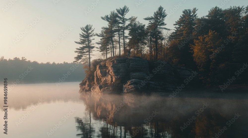 Sticker serene lakeside landscape with mist and trees reflecting in calm waters.