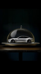 Fototapeta premium A car placed on a large silver platter and covered by a large glass dome
