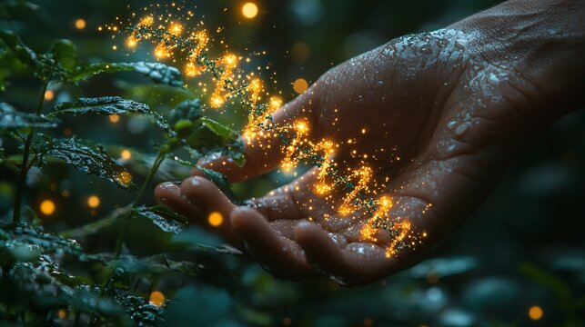 A hand nurturing a plant, with biochemistry visuals, DNA chains, and chromosomal elements gently floating in the background