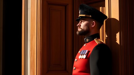 A guardsman stands guard at the door