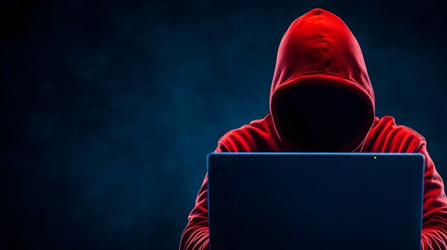 A mysterious figure in a red hoodie sits in front of a laptop, conveying a sense of secrecy and intrigue in a dark environment.