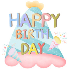 Happy birthday text colorful with paper shoot and hat clipart