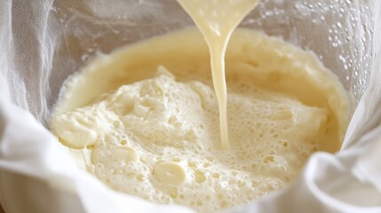 Creamy Process of Straining Fresh Homemade Cheese