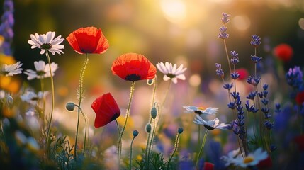 A vibrant field of wildflowers illuminated by warm sunlight, showcasing nature's beauty.