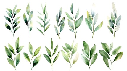 Elegant Watercolor Olive Leaf Composition in Muted Greens on White Background