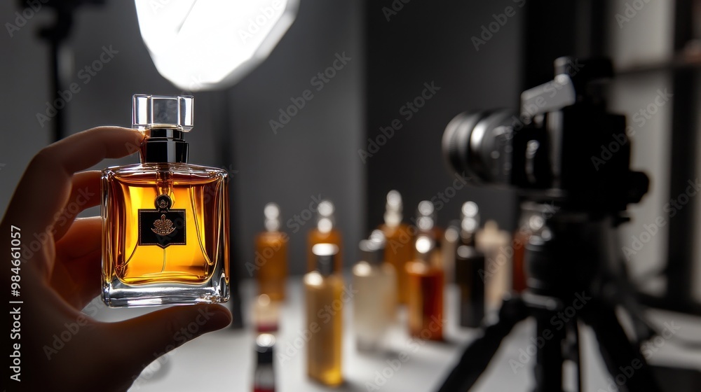 Poster a hand holds a perfume bottle in a studio setting with a camera and other bottles in view.