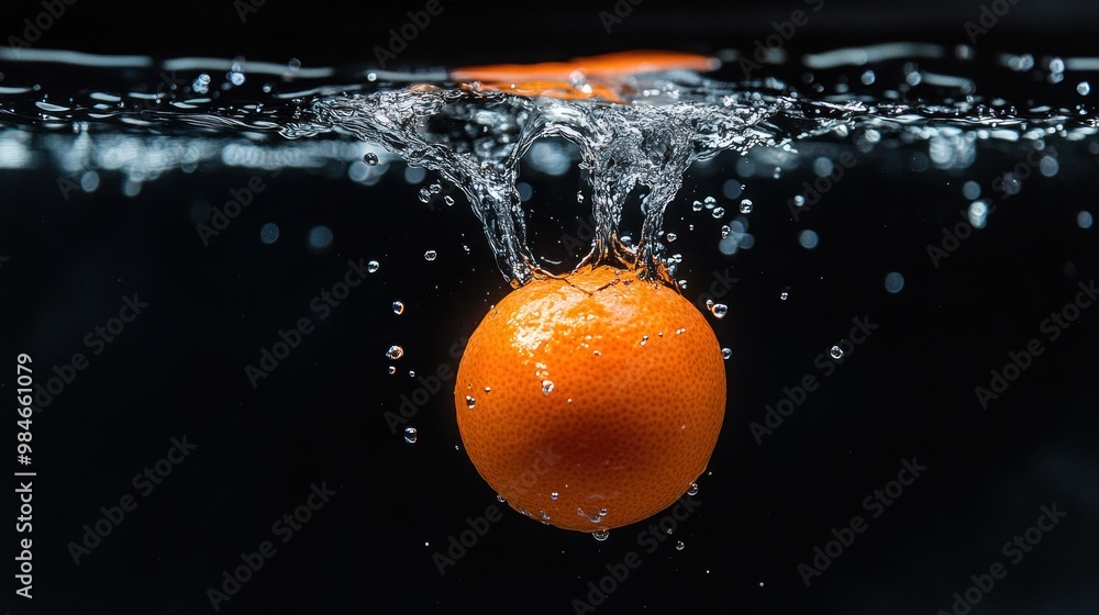Poster an orange splashes into water, creating bubbles and ripples in a dark background.