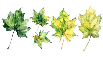 Vibrant Watercolor Sycamore Leaves in Shades of Green and Yellow with Intricate Vein Details on White Background