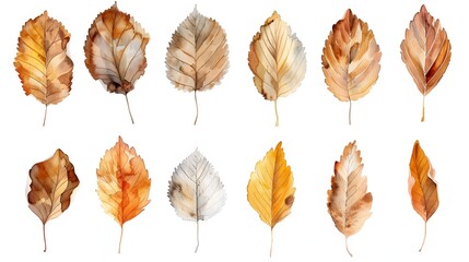 Obraz premium Vibrant Watercolor Autumn Beech Leaves in Gold Brown and Orange Hues on White Background